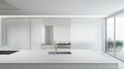 Poster - clean, minimal kitchen with white counters and a folding screen against a white wall. The soft, natural light fills the space