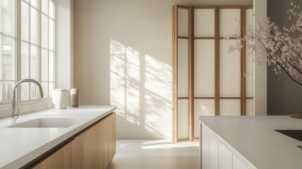Poster - clean, minimal kitchen with white counters and a folding screen against a white wall. The soft, natural light fills the space