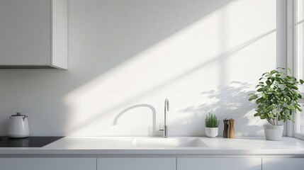 Poster - clean, minimal kitchen with white counters and a folding screen against a white wall. The soft, natural light fills the space