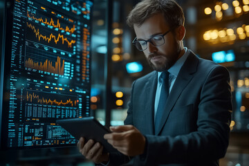 Poster - In a vibrant financial setting, a sharp-dressed businessperson examines detailed stock charts on a tablet device, showcasing a blend of technology and finance at work