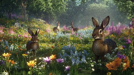 Poster - enchanted meadow where rabbits and deer roam among flowers.