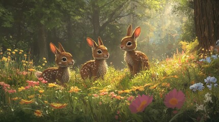 Poster - enchanted meadow where rabbits and deer roam among flowers.