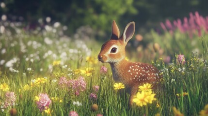 Poster - enchanted meadow where rabbits and deer roam among flowers.