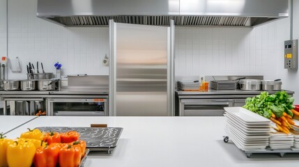 Poster - contemporary cooking area with white counters, a folding screen near a white wall,