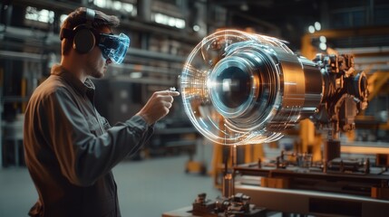Poster - modern factory with a male engineer using an ar headset to visualize a holographic engine.