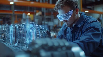 Poster - modern factory with a male engineer using an ar headset to visualize a holographic engine.