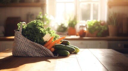 Poster - cozy kitchen space with a wooden table, where a grocery bag sits filled with fresh, healthy vegetables like cucumbers, kale, and carrots.