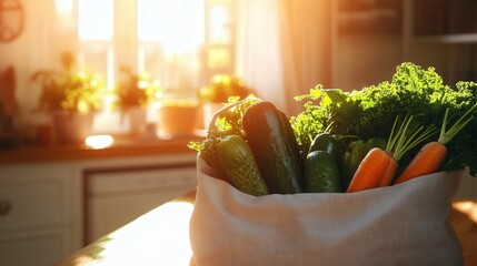 Poster - cozy kitchen space with a wooden table, where a grocery bag sits filled with fresh, healthy vegetables like cucumbers, kale, and carrots.