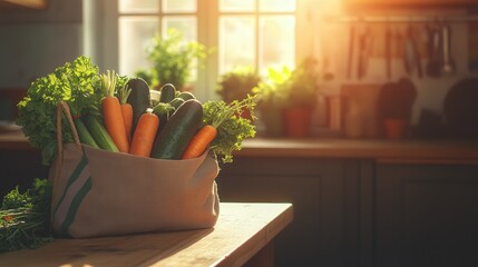 Poster - cozy kitchen space with a wooden table, where a grocery bag sits filled with fresh, healthy vegetables like cucumbers, kale, and carrots.