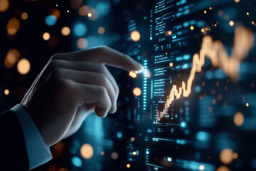 Poster - Sleek holographic technology projects live financial data as a focused businessperson in a suit examines vital trends and metrics, immersed in a modern environment