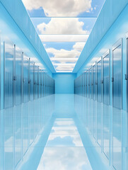 Poster - A bright, blue corridor with reflective surfaces and clouds above
