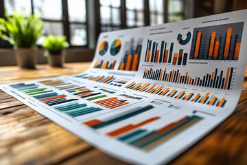 Poster - Professionals are gathered around a large table in a contemporary office, analyzing vibrant charts and infographics displayed on a presentation board, highlighting key data insights