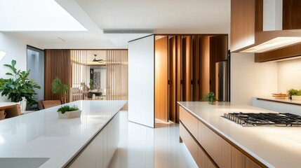 Poster - open kitchen space with white countertops, a folding screen near a white wall, offering flexibility while maintaining an airy and uncluttered environment