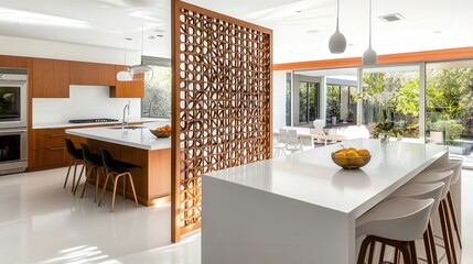 Poster - open kitchen space with white countertops, a folding screen near a white wall, offering flexibility while maintaining an airy and uncluttered environment