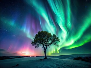 Wall Mural - Silhouetted trees frame the vibrant aurora borealis, painting the night sky with ethereal light.