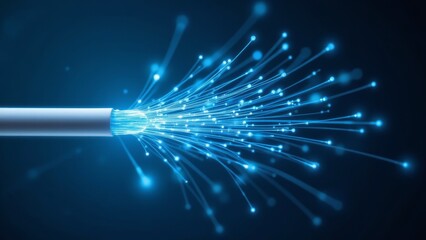 Poster - Futuristic Light Fiber Technology with Bright Blue Light Particles Emitting from Cable