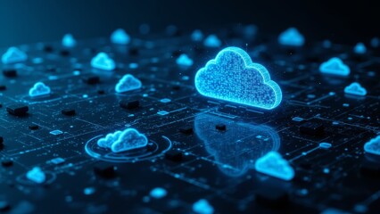 Poster - Digital Cloud Technology Concept with Neon Effects on a Dark Background