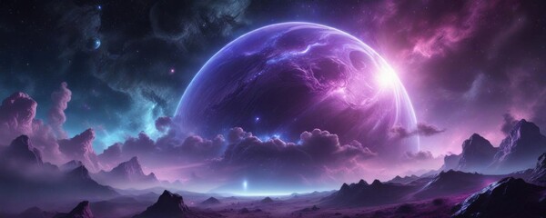 ethereal planet with swirling purple clouds and glowing blue stars , mystical, celestial, cosmic