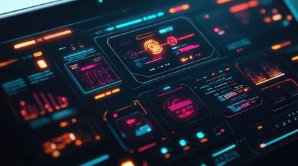 Poster - futuristic survey panel with a dark aesthetic, glowing UI elements, and smooth user interactions