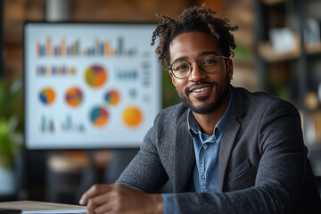 Poster - A professional consultant shares insights during a client meeting in a stylish office. Engaging visuals support the discussion, fostering collaboration and innovation