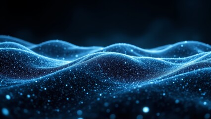 Poster - Ethereal Ocean Waves with Sparkling Particles in a Dark Blue Setting