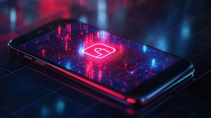 Poster - holographic security alert appearing above a smartphone screen, warning the user of a detected phishing attempt