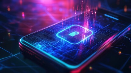Poster - holographic security alert appearing above a smartphone screen, warning the user of a detected phishing attempt
