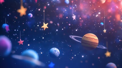 Poster - holographic, space-themed survey where floating stars and planets represent customer ratings