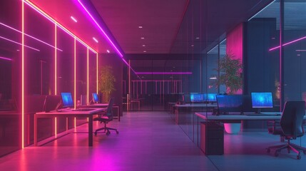 Poster - A modern office space illuminated with neon lights, featuring computer desks and a sleek design.
