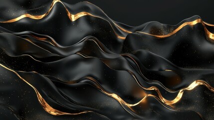 Poster - A 3D portrait wallpaper with a black background. Golden and black marble wavy mountains. Modern flat background wallpaper
