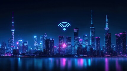 Poster - Futuristic Cityscape with Neon Lights and Wifi Symbol in Night Skyline