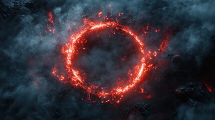 Poster - Shattered Illuminated Circle in Dark Smoke with Red Glowing Fragments
