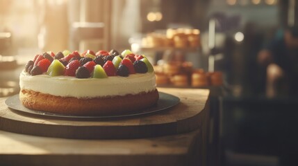 Poster - Beautifully decorated pastry sits invitingly on a wooden counter, adorned with fresh fruit and warm lighting, perfect for food lovers in a cozy bakery setting