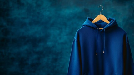Poster - A blue hoodie drapes gracefully on a wooden hanger, showcasing its soft fabric and detailed texture against a dark, minimalistic backdrop, perfect for fashion display