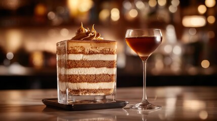 Aufkleber - Indulge in a close-up of a luxurious tiramisu served in a glass dish, featuring rich layers of coffee-soaked sponge and creamy mascarpone with a delightful garnish