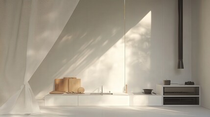 Poster - minimalist kitchen with smooth white counters and a folding screen near a white wall.