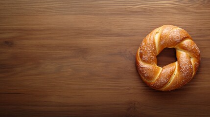 Poster - Freshly baked pretzel rests on a rustic wooden table, dusted with coarse salt, embodying the inviting warmth of a cozy bakery setting