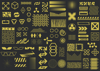 cyberpunk style techno elements, retro future graphic objects, icons, symbols, signs, cursors.