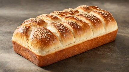 Poster - Golden crusted sesame bread loaf rests on a kitchen countertop, illuminated by natural light, highlighting the airy texture and artisanal qualities of the bread