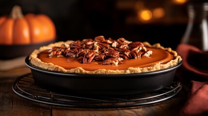 Poster - Freshly baked pumpkin pie topped with roasted pecans cools on a wire rack, highlighting its rich orange filling and golden crust in soft autumn light