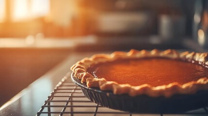 Poster - A close-up view of a golden-brown pumpkin pie resting on a wire rack in a warm kitchen, bathed in soft sunlight, perfect for an autumnal setting