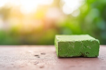 Poster - A rough stone covered in bright green moss sits in a forest, illuminated by sunlight that accentuates the textures, with clear space for text on the side