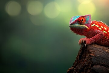 Poster - Close-up view of a colorful chameleon resting on a surface, its intricate patterns and hues contrast against a lush green background, ideal for bold artwork