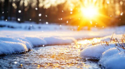 Aufkleber - A tranquil winter morning presents a sparkling stream flowing through snow-covered grasses, bathed in soft sunlight, evoking peace and freshness