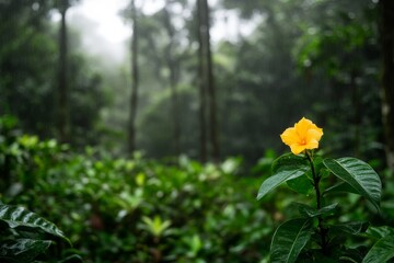 Poster - A vivid yellow orchid stands out amidst rich green leaves in a dense rainforest, illuminated by gentle natural light filtering through the trees
