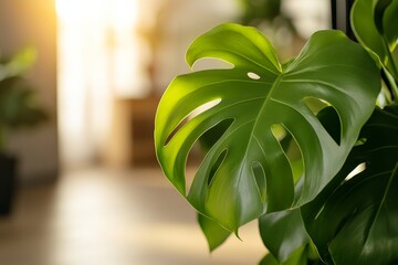 Leinwandbilder - A single tropical leaf displays vibrant green hues and detailed veins, perfectly illuminated by natural light in a serene indoor environment
