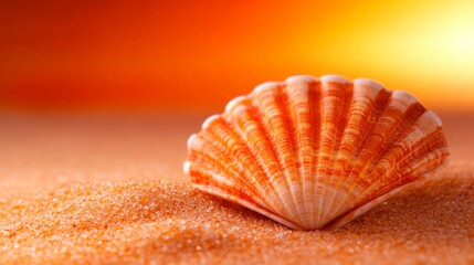 Poster - A single seashell rests on soft sand, glowing under the warm light of a setting sun on a beach, creating a serene and tranquil atmosphere perfect for relaxation