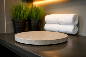Poster - A travertine round podium is centered in a bathroom, illuminated by soft lighting. Plants and neatly stacked towels add a serene ambiance, perfect for beauty displays