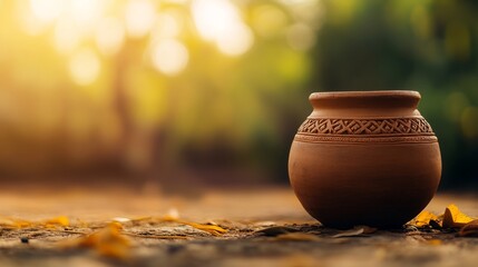 Poster - A close-up of a clay jar rests amid freshly harvested crops, highlighting the rustic charm and warm glow of natural light during the golden hour