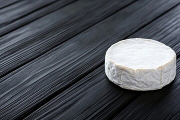 Poster - A wheel of farm camembert cheese rests on a dark wooden table, illuminated by soft natural light that accentuates its creamy texture, with space for text beside it